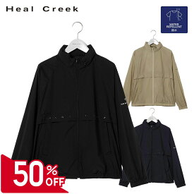 【50％OFFセール】Heal Creek ブルゾン 長袖 ジャケット アウター ヒールクリーク ナイロン ZIP ポケット フード ヘンリーロゴ レディース レディースウェア ゴルフ 高級 ゴルフウェア スポーツ アウトドア 秋冬 撥水 防風 軽量 ストレッチ ブラック ベージュ ネイビー 40