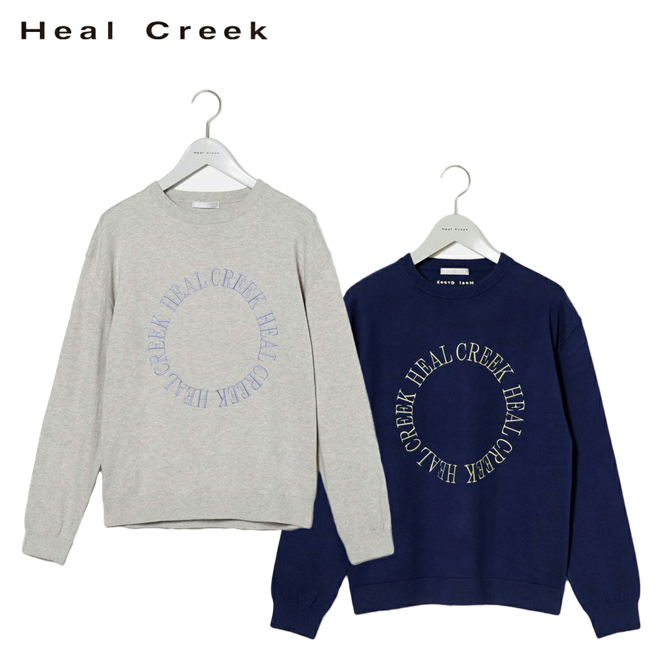 大人百花秋号掲載ーHeal Creek ニット 長袖 セーター クルーネック ヒールクリーク コットンカシミヤ サークルロゴ刺繍 ドロップショルダー レディース レディースウェア ゴルフ 高級 ゴルフウェア スポーツウェア アウトドア 秋冬