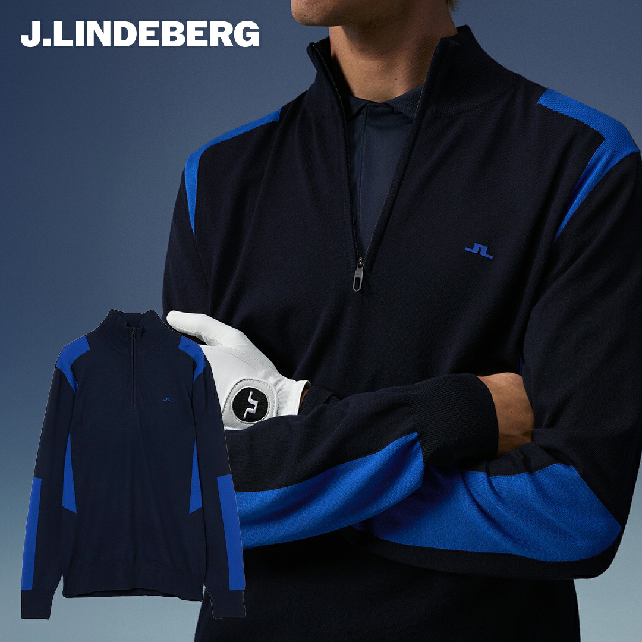 J.LINDEBERG セーター 長袖 モックネック ジェイリンドバーグ ビスコースブレンド ハーフジップ ロゴ刺繍 コントラストパネル カラーブロック メンズ メンズウェア ゴルフ 高級 ゴルフウェア スポーツウェア アウトドア 秋冬 ソフト 防寒