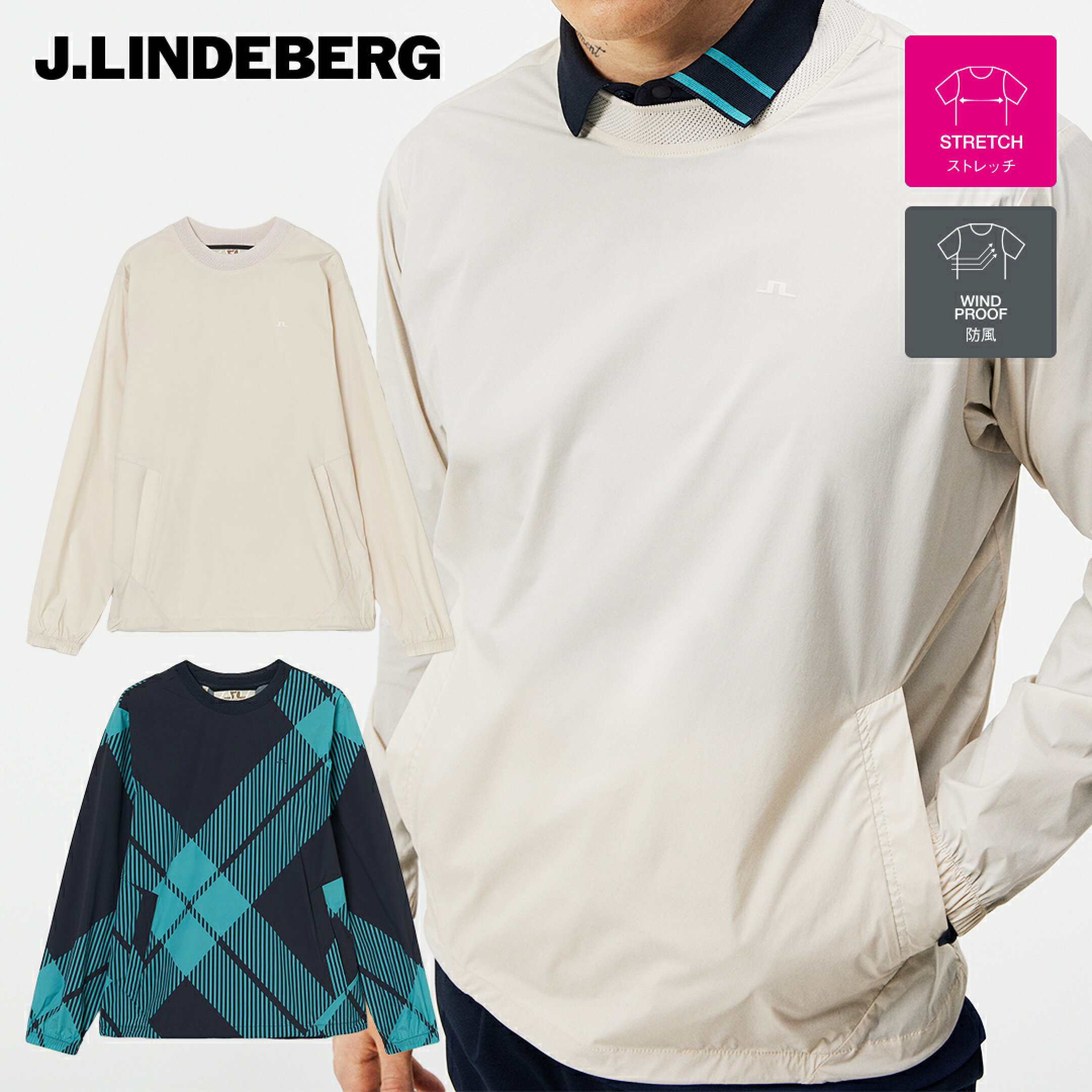 J.LINDEBERG ウィンドブレーカー 長袖 トップス プルオーバー ジェイリンドバーグ GLENMUIR クルーネック ドローコード メンズ メンズウェア ゴルフ ゴルフウェア スポーツウェア アウトドア 秋冬 ストレッチ 撥水 防風 軽量