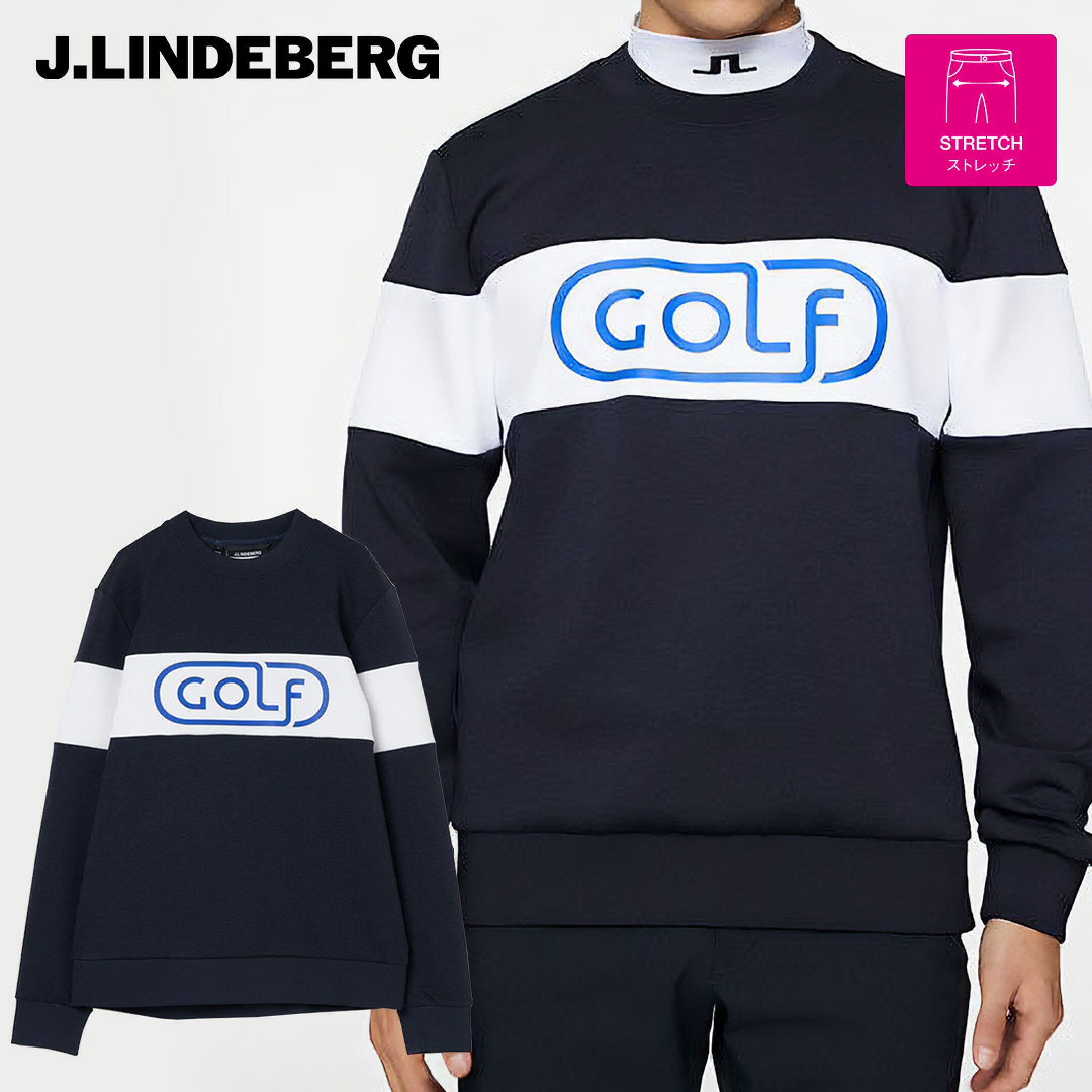 J.LINDEBERG スウェット 長袖 トレーナー パーカー クルーネック ジェイリンドバーグ ロゴプリント 太ボーダー リブ仕様 スポーティ メンズ メンズウェア ゴルフ 高級 ゴルフウェア スポーツウェア アウトドア 秋冬 ストレッチ 通気 速乾