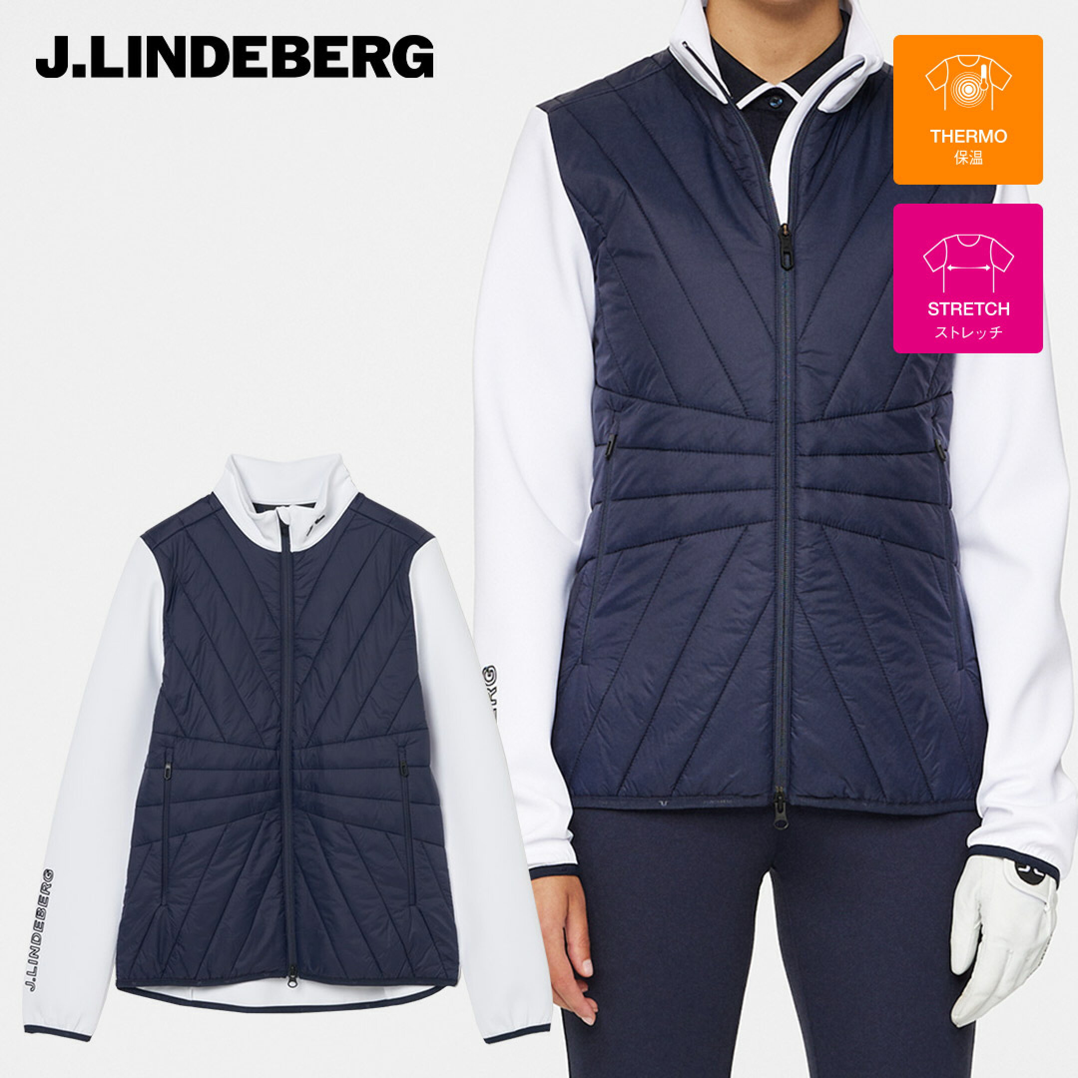 J.LINDEBERG ジャケット 長袖 ブルゾン ジェイリンドバーグ ZIP キルティング ダブルジャージ ハイブリット ロゴ ポケット レディース レディースウェア ゴルフ ゴルフウェア スポーツウェア アウトドア 秋冬 ストレッチ 保温 撥水