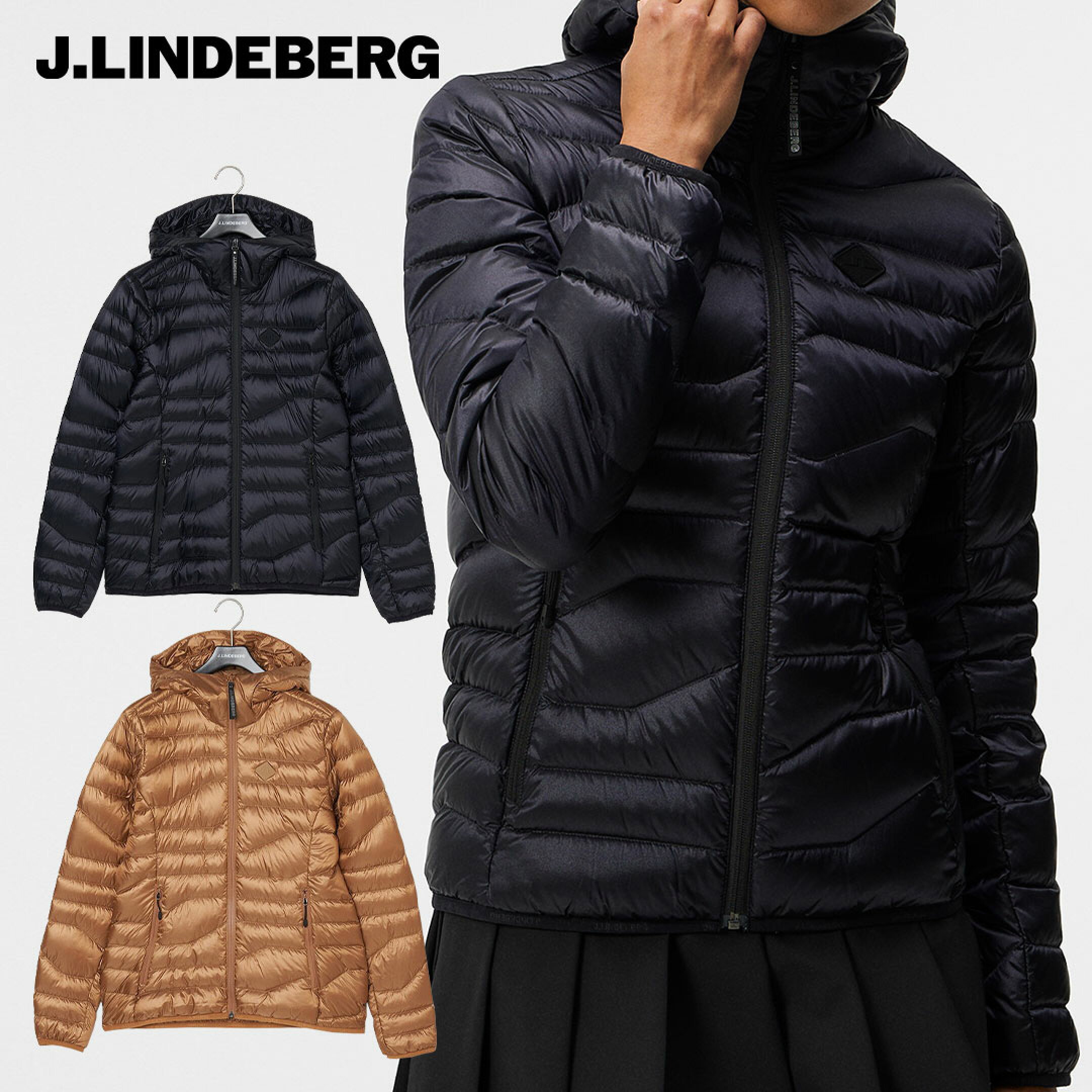 J.LINDEBERG ジャケット 長袖 ダウン 軽量 ジェイリンドバーグ 左胸ロゴ フードロゴ 無地 ZIP フード ナイロン フェザー レディース レディースウェア ゴルフ ゴルフウェア スポーツウェア アウトドア 秋冬 撥水加工 PFCフリー加工