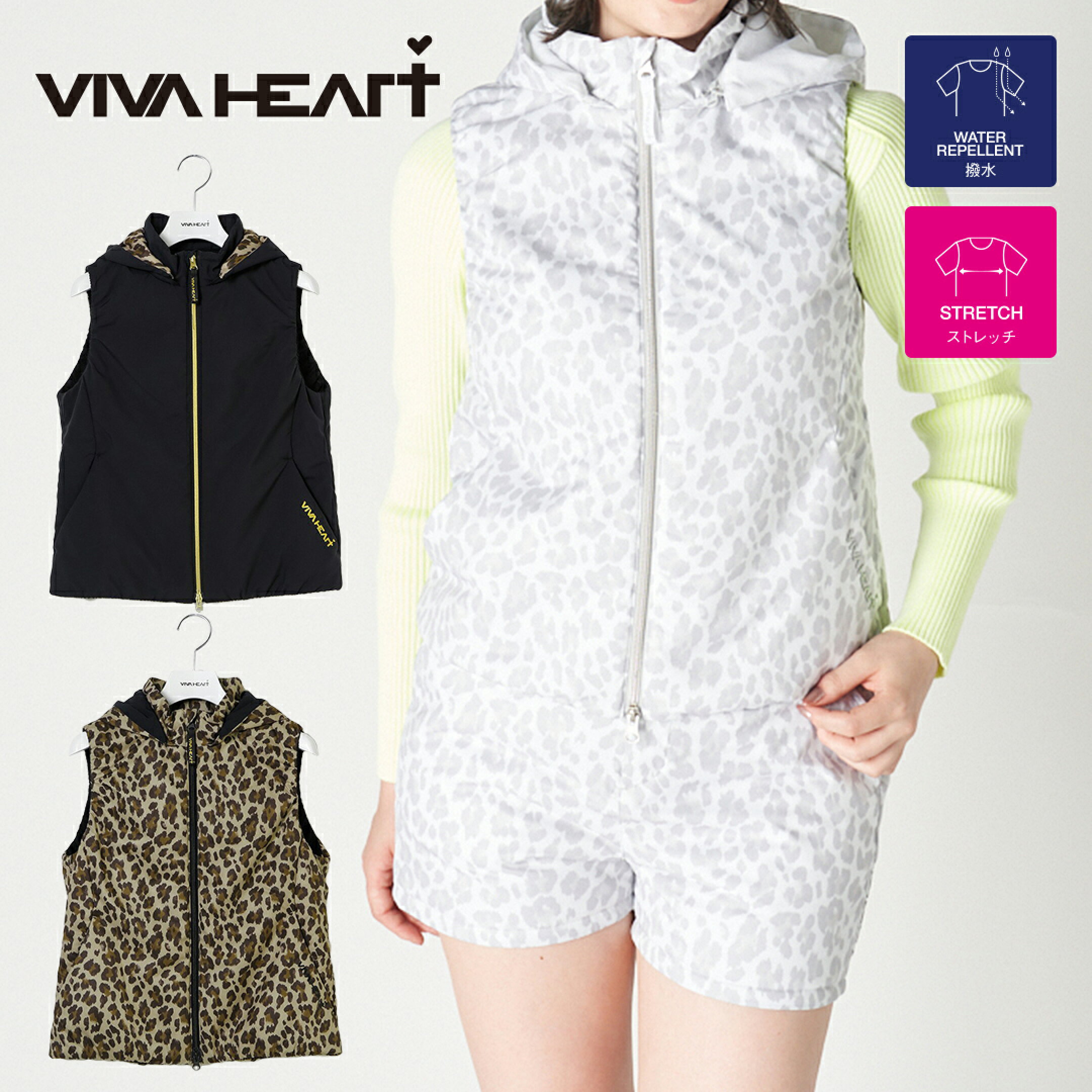 VIVA HEART ベスト ブルゾン ビバハート 中綿 裏起毛 無地 レオパード ZIP フード ポケット ロゴ刺繍 レディース レディースウェア ゴルフ 高級 ゴルフウェア スポーツウェア アウトドア 秋冬 保温 撥水 ストレッチ 快適機能裏地