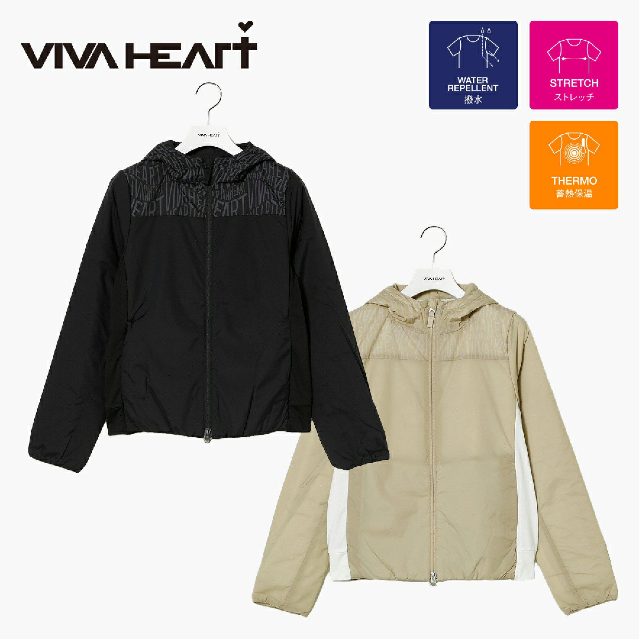 VIVA HEART ブルゾン アウター 長袖 中綿 ビバハート ライトサーモ 無地 右肩ロゴ刺繍 切り替え ロゴプリントフード ZIP レディース レディースウェア ゴルフ ゴルフウェア スポーツウェア アウトドア 秋冬 ストレッチ 撥水 蓄熱保温