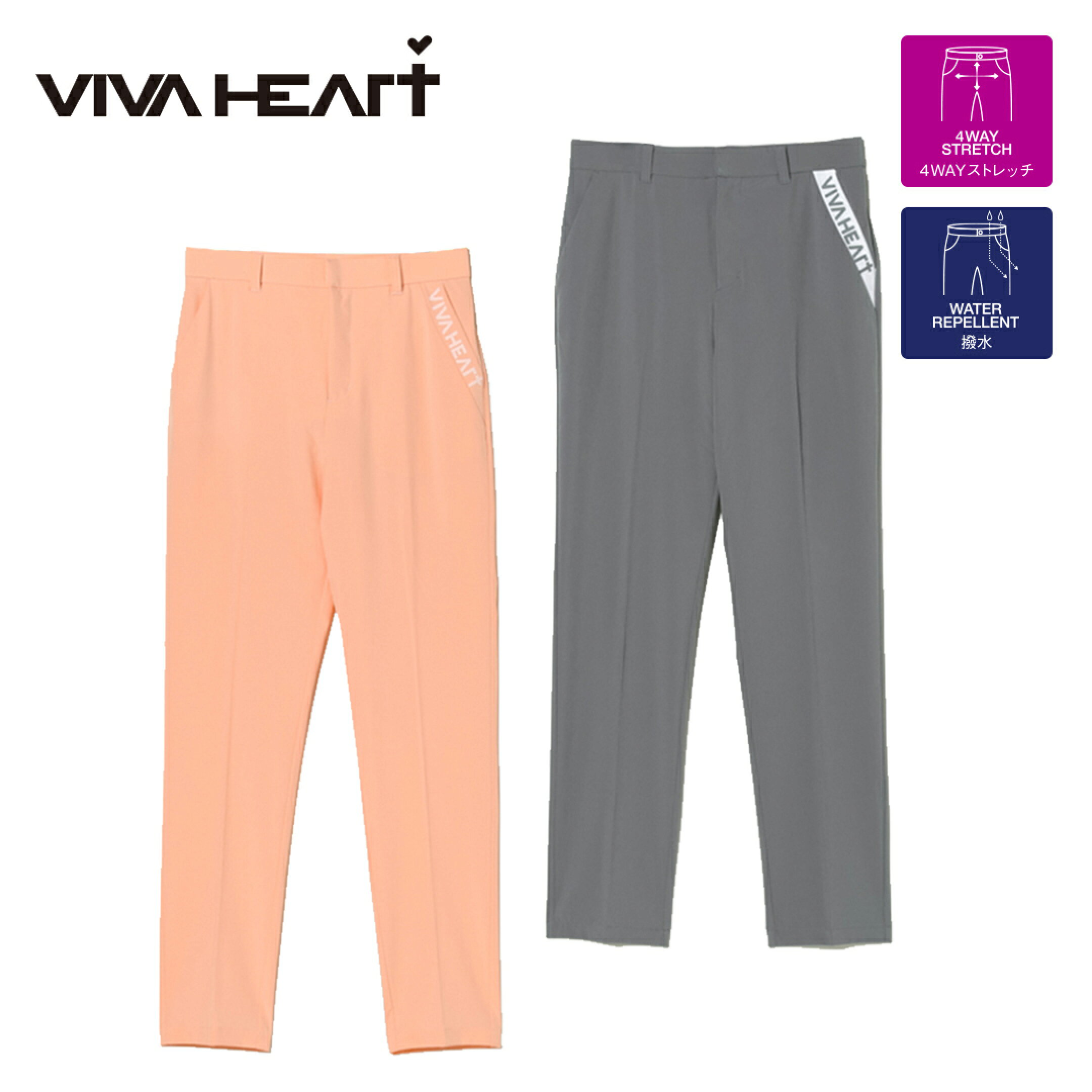 VIVA HEART パンツ ロング丈 長ズボン ビバハート タフタ 無地 ベルトループ ポケット ロゴプリント レディース レディースウェア ゴルフ 高級 ゴルフウェア スポーツウェア アウトドア 秋冬 4WAYストレッチ 撥水加工 軽量