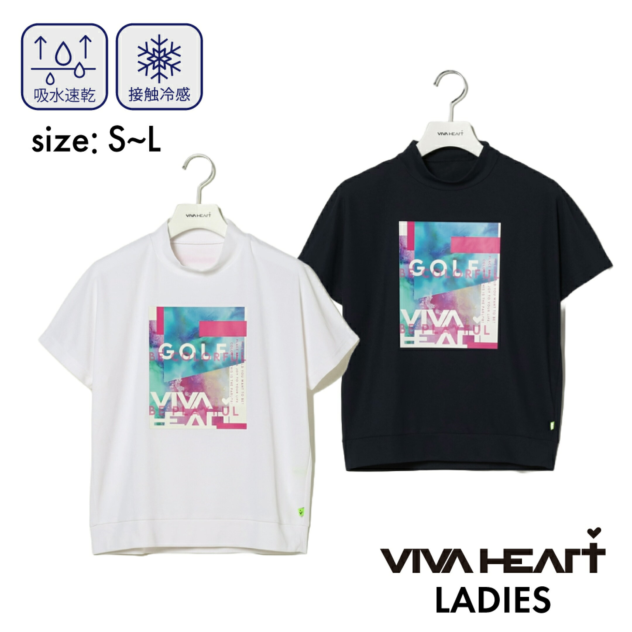 VIVA HEART×Megumi Matsukawa Tシャツ 半袖 モックネック ビバハート レディース 吸水速乾 接触冷感 ゴルフ ゴルフウェア スポーツウェア ホワイト ネイビー インクアート半袖 ドルマンスリーブのモック S M L
