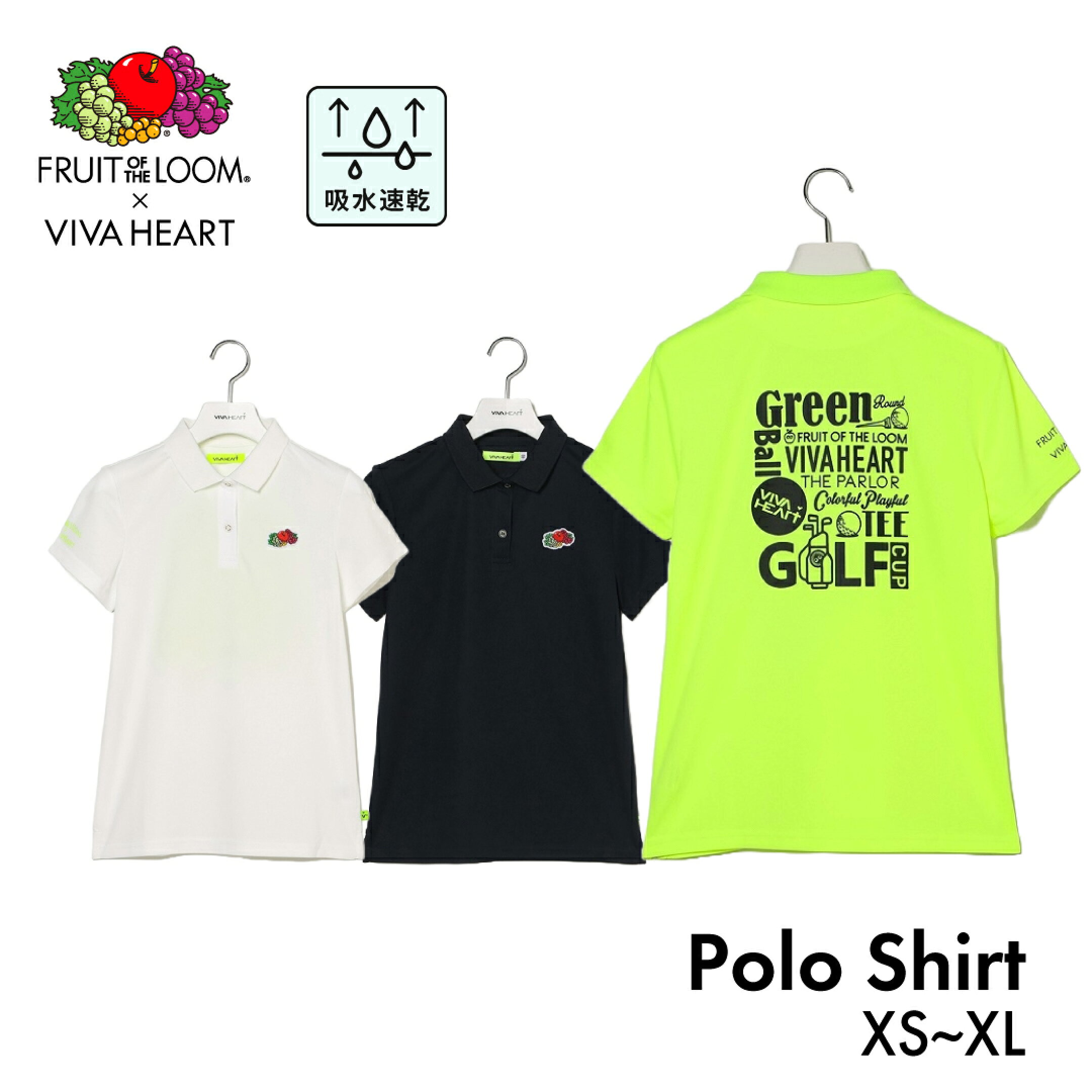 VIVA HEART ポロシャツ 半袖 ビバハート 左胸フルーツ刺繍 Fruit of the Loom コラボ レディース ゴルフ ゴルフウェア スポーツウェア 春夏 ホワイト グリーン ネイビー SS XS S M L XL