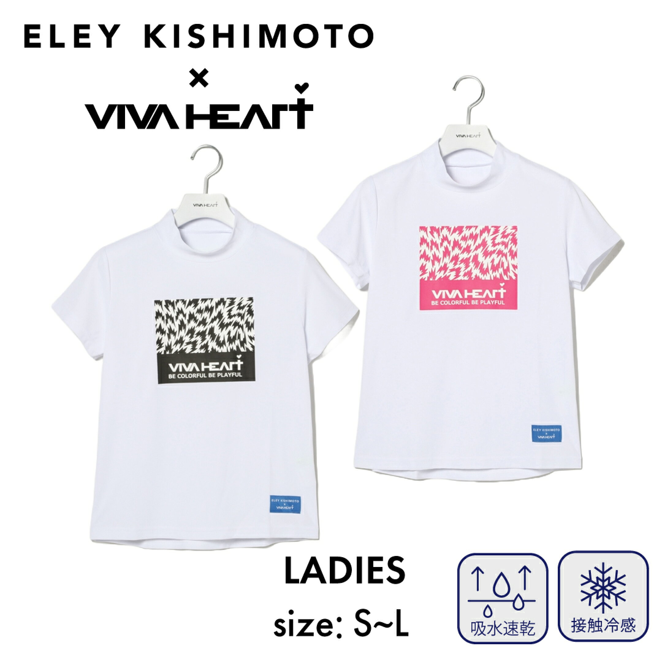 VIVA HEART×ELEY KISHIMOTO FLASH Tシャツ 半袖 コラボ モックネック レディース センターボックスロゴ 吸汗速乾 接触冷感 UVカット ゴルフ ゴルフウェア スポーツウェア S M L ブラック ピンク