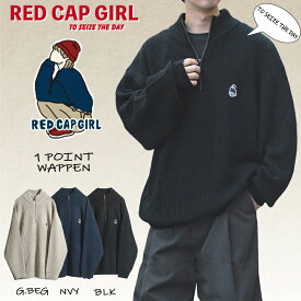 【a-r】〔Red Cap Girl/レッドキャップガール〕リブ編み ワッペン付き ハーフジップニット メンズ レディース オーバーサイズ ブラック ネイビー ベージュ 秋冬 カジュアル トレンド 韓国ファッション ワッペン イラスト ガール