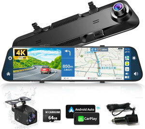 �h���C�u���R�[�_�[ �~���[�^ 4K Carplay & Android Auto 12�C���` �h�����R �O��J���� 64GB�������J�[�h�t�� 170°�L�p �J�[�i�r ADR-016
