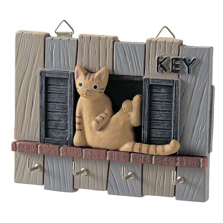 キーフック アメリカン 窓に座る猫 玄関収納 鍵掛け ネコ キーハンガー インテリア雑貨 ：木のおもちゃと雑貨 Sora