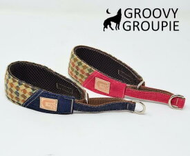 ハーフチョーク 中型犬 M 幅広 首輪 に変更可能 【 アクリル diamond チェック ＆ デニム 】 オーダーメイド で ぴったりサイズ やわらか ソフト クッション 優しい おしゃれ かわいい こだわりの 岡山デニム