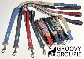 首輪 と リード セット 大型犬 Lサイズ ダブルDカン ダブルリング サイドグリップ付きリード 【 麻 混 ギンガムチェック デニム】コットン【送料無料】 こだわりの 岡山デニム