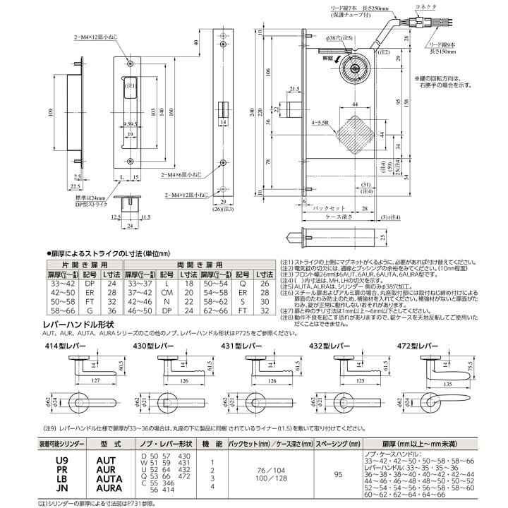楽天市場】電気錠 美和ロック MIWA U9 AUT33-1 BS/76 DT40 両開き用 