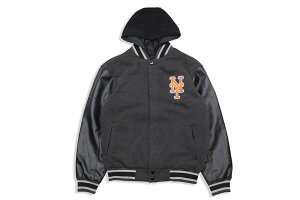JH Design NEW YORK METS REVERSIBLE FLEECE AND FAUX LEATHER HOODED JACKET (953-GTT8:CHARCOAL/BLACK)�W�F�C�G�C�`�f�U�C��/�j���[���[�N���b�c/�`���R�[��×�u���b�N