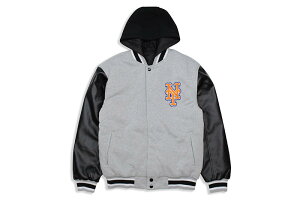 JH Design NEW YORK METS REVERSIBLE FLEECE AND FAUX LEATHER HOODED JACKET (953-GTT8:GREY/BLACK)�W�F�C�G�C�`�f�U�C��/�j���[���[�N���b�c/�O���C×�u���b�N