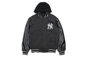 JH Design NEW YORK YANKEES REVERSIBLE FLEECE AND FAUX LEATHER HOODED JACKET (953-GTT8:CHARCOAL/BLACK)�W�F�C�G�C�`�f�U�C��/�j���[���[�N�����L�[�X/�`���R�[��×�u���b�N
