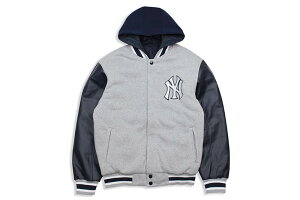 JH Design NEW YORK YANKEES REVERSIBLE FLEECE AND FAUX LEATHER HOODED JACKET (953-GTT8:GREY/BLACK)�W�F�C�G�C�`�f�U�C��/�j���[���[�N�����L�[�X/�O���C×�u���b�N
