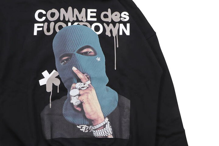 新品COMMEdesFUCKDOWNロゴテーピングロングプルオーバーパーカーXS  
