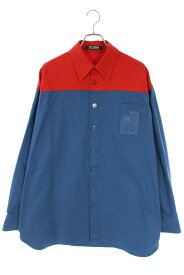 ラフシモンズ RAF SIMONS　サイズ:S 22AW 222-M244 Oversized bicolor denim shirts with R pin in back バイカラーオーバーサイズデニム長袖シャツ(レッド×ブルー) 【030122】【BS55】【メンズ】【新古品】bb20#rinkan*N