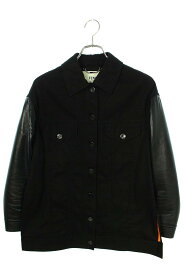 フェンディ FENDI　サイズ:36 Karlito Contrast Sleeve Embroidered Denim Jacket FLF508 7DV アームレザーバックミンクデザインデニムジャケット(ブラック×オレンジ)【109032】【BS99】【レディース】【中古】bb310#rinkan*D