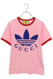 グッチ GUCCI　×アディダス adidas サイズ:XS 22AW 702612 XJEB1 ダブルネームロゴプリントTシャツ(ピンク×ブルー)【122042】【OM10】【メンズ】【中古】bb216#rinkan*B