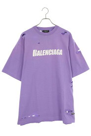 バレンシアガ BALENCIAGA　サイズ:XS 651795 TKVB8 デストロイ加工ロゴプリントTシャツ(パープル×ホワイト)【204042】【SS13】【メンズ】【中古】bb51#rinkan*S