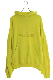 バレンシアガ BALENCIAGA　サイズ:2 24SS 761458 TPVM5 ロゴプリントダメージ加工プルオーバーパーカー(イエロー)【024042】【OM10】【メンズ】【中古】bb205#rinkan*B