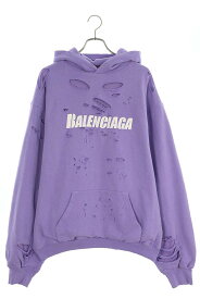 バレンシアガ BALENCIAGA　サイズ:S 21SS 659403 TKVB6 デストロイ加工ロゴミディアムフリースパーカー(パープル)【324042】【SB01】【メンズ】【中古】bb380#rinkan*A