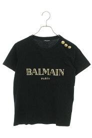 バルマン BALMAIN　サイズ:34 148120 326I メタルボタンフロントロゴプリントTシャツ(ブラック×ゴールド)【605042】【BS99】【レディース】【中古】bb411#rinkan*C