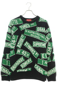 シュプリーム SUPREME　サイズ:L 21SS Street Signs Sweater 総柄クルーネックニット(ブラック×グリーン×ホワイト)【015042】【BS99】【メンズ】【中古】bb429#rinkan*C