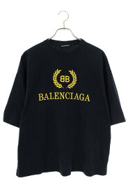 バレンシアガ BALENCIAGA　サイズ:S 18AW 535622 TAV04 BBロゴプリントTシャツ(ネイビー×イエロー)【425042】【SB01】【メンズ】【中古】bb380#rinkan*B