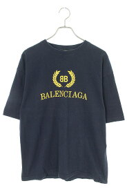 バレンシアガ BALENCIAGA　サイズ:L 535622 TAV04 BBロゴプリントTシャツ(ネイビー×イエロー)【035042】【SB01】【メンズ】【中古】bb384#rinkan*B