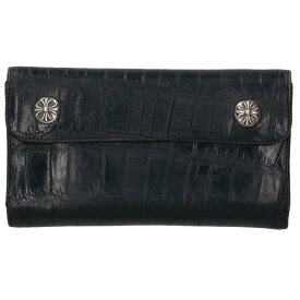 クロムハーツ Chrome Hearts　 WAVE ALLIGATOR ウェーブアリゲーター クロスボタンアリゲーターレザーウォレット財布(ブラック×シルバー)【402052】【NO05】【小物】【中古】bb18#rinkan*B