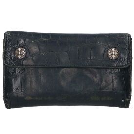 クロムハーツ Chrome Hearts　 WAVE ALLIGATOR ウェーブアリゲーター クロスボタンアリゲーターレザーウォレット財布(ブラック×シルバー)【105052】【SS07】【小物】【中古】bb339#rinkan*C