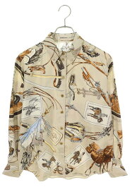 エルメス HERMES　サイズ:38 マルジェラ期 総柄シルク長袖シャツ(ベージュ調)【017052】【BS99】【レディース】【中古】bb459#rinkan*A