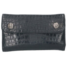 クロムハーツ Chrome Hearts　 WAVE ALLIGATOR ウェーブアリゲーター クロスボールボタンアリゲーターレザーウォレット財布(ブラック×シルバー)【528052】【SS07】【小物】【中古】bb87#rinkan*B