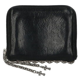 クロムハーツ Chrome Hearts　 3 SIDE ZIP 3サイドジップ サイドピラミッドスタッズレザーウォレット財布(ブラック×シルバー)【221152】【OK15】【小物】【中古】bb346#rinkan*B