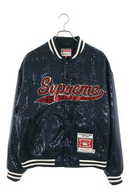 シュプリーム SUPREME　×ミッチェル アンド ネス サイズ:M 23SS Mitchell & Ness Sequin Varsity Jacket サテンバーシティジャケットブルゾン(ネイビー)【909062】【BS99】【メンズ】【中古】bb205#rinkan*B