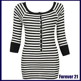 送料無料 レディース　七分袖　ヘンリーTシャツ　ボーダー　Forever 21 フォーエバー21 リブニット　Rib Knit Henley Tee　体系隠し　細見え　プレゼント