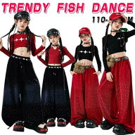 ダンス衣装 キッズ 赤 黒 キラキラ ガールズ キャミソール セットアップ 子供服 へそ出し トップス 長袖 …