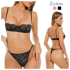 ノンパテッドブラ ショーツ セット ブラジャー Tバック ショーツ セット 1/2カップ ハーフカップ ブラジャー ノーパッド シースルー Tバック ショーツ セクシー ランジェリー インナー