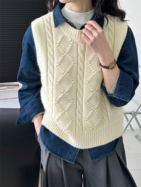 楽天市場】ニットベスト レディース vネック 秋 冬 ケーブル編み 