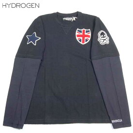 【完売】ハイドロゲン HYDROGEN メンズ BRONZAJI ロング Tシャツ ロンT 長袖 カットソー 重ね着風デザイン イギリス国旗ワッペン 黒ブラック 138009 NERO 759 13A (R18900)