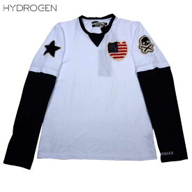 ハイドロゲン HYDROGEN メンズ BRONZAJI スカル ロング Tシャツ ロンT 重ね着風デザイン アメリカ国旗ワッペン 長袖 148004 001 BIANCO 白ホワイト 14S (R25200)