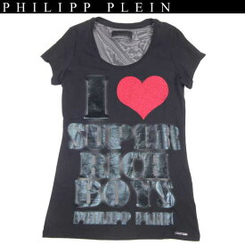 フィリッププレイン PHILIPP PLEIN レディース Tシャツ 半袖 トップス rich boys フロントハート部分ラインストーン/メッセージ付きカットソー ブラック SS14 CW342504 02 14S【送料無料】【smtb-TK】