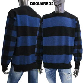 ディースクエアード DSQUARED2 メンズ トップス ニット セーター ロゴ DSQUARED2ロゴプレート・アーム部分チェック柄・フロントボーダー柄ニットセーター 青/黒 色違い(黒/グレー)有 S74HA0824 S16239 961 81S (R102500)【送料無料】【smtb-TK】