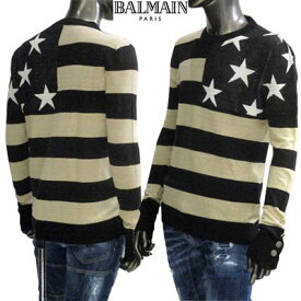 バルマン BALMAIN メンズ トップス ニット セーター ボーダー＆スター柄・袖口ロゴ刻印ボタン付タイトニット ベージュ TH13236 K241 EAB (R153300) 02S 春夏【送料無料】 【smtb-TK】