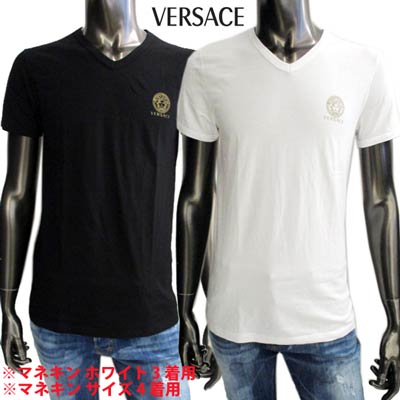 ヴェルサーチ VERSACE メンズ トップス Tシャツ 半袖 ロゴ Vネック 2color ※丸首タイプもあります  チェスト部分VERSACE/メデューサロゴプリント付VネックTシャツ 白/黒 AUU01004 A232741 A1001/A1008  (R11000) 121 